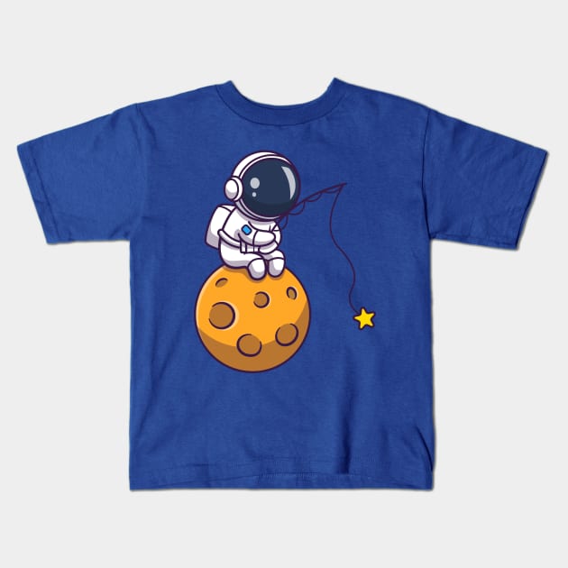 Cute Astronaut Fishing Star On Moon Cartoon Kids T-Shirt by Catalyst Labs